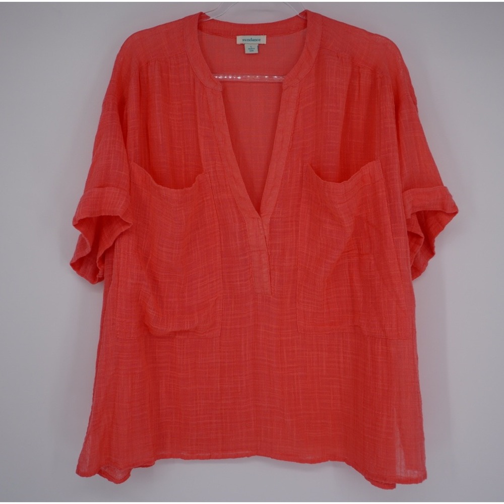 Sundance Womens Coral Slub Cotton Viscose V-Neck Pocket Blouse‎ Large Vacation